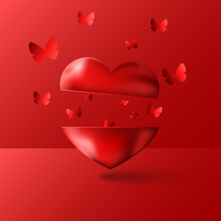Happy Valentine is Day greeting card is a blank mockup 3D love installation vector illustration, many butterflies fly out of a red casket in the shape of a heart.のイラスト素材