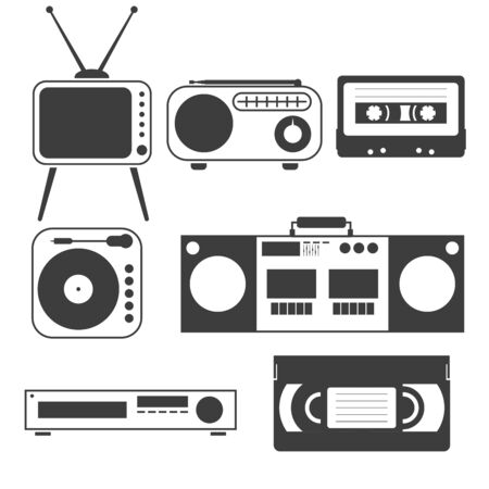Set of black and white objects of old home appliances of the 80s and 90s in a flat style tape, cassette recorder, VCR, videotapes, radio, turntable, analog TVのイラスト素材