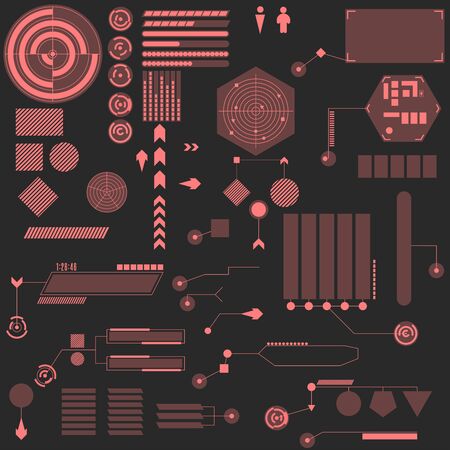 Big set visual interface for a computer game in HUD style. Futuristic indicator, information panel, status bar, callout bar, call box coral color.のイラスト素材