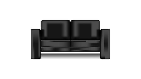 Black leather shiny modern sofa isolated on white background front view, 3D vector realistic furniture element of the interior.のイラスト素材