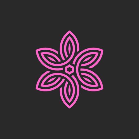 Pink flower  linear monogram, feminine emblem for spa salon, yoga or cosmetics, floral pattern of weaving of thin lines.のイラスト素材