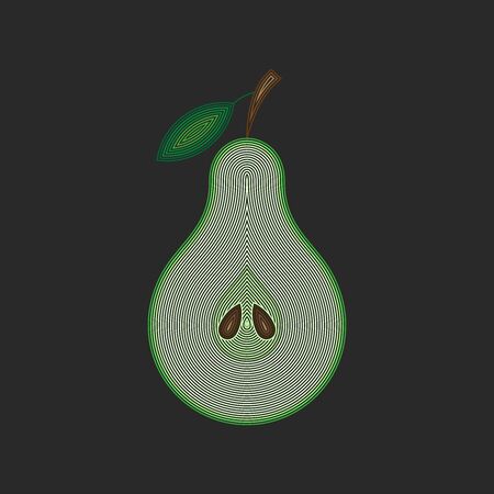 Sliced green pear with leaf, cross section of the fruit from thin lines, line art original food illustration.のイラスト素材