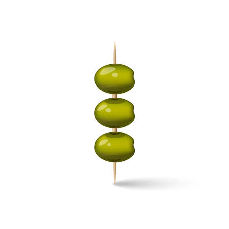 Three green olives on a wooden toothpicks snack for an alcoholic drink, 3d realistic vector food illustrationのイラスト素材