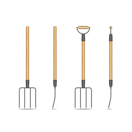 Pitchfork isolated on white background side and front view, hand farming tool clipart, realistic 3d vector illustrationのイラスト素材