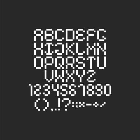 Pixel font 8-bit style with numbers and special symbols, square and rectangular pixels shape, 80s 90s retro game or app typeのイラスト素材