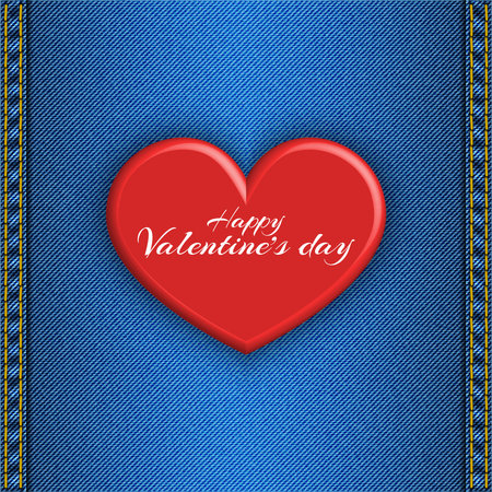 Happy Valentines Day text, love holiday concept decoration, creative 3d greeting card mockup red heart pin badge attached on realistic blue denimのイラスト素材