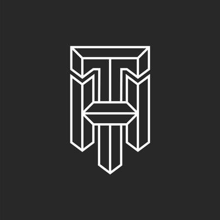 Letters HT or TH initials  monogram with 3d carcass from thin lines, overlapping two letters T and H together typography design element minimal styleのイラスト素材