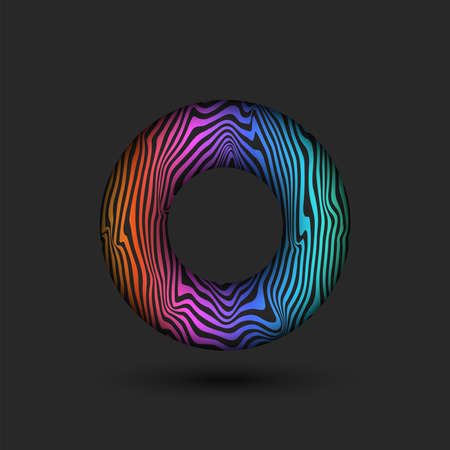 Abstract donut logo with bright multicolored gradient glaze on a black background, levitating volumetric round geometric shape art object.のイラスト素材