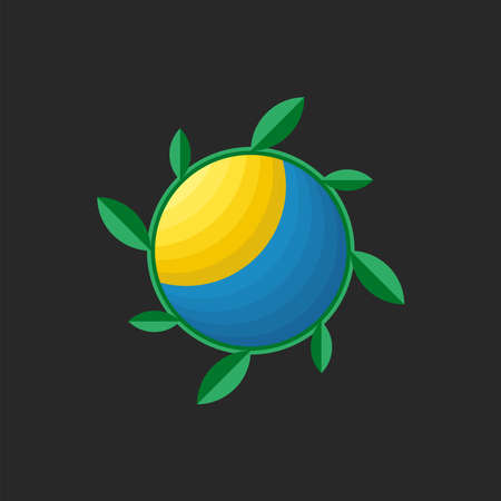 Local farm  round shape, creative eco symbol, blue sky, bright sun and wreath of green leaves abstract landscape.のイラスト素材