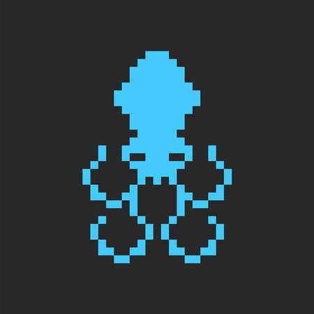 Octopus marine cartoon animal in a pixel style, blue squid decor in a minimal game style.のイラスト素材