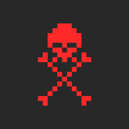 Skull and crossbones symbol in pixel style, kids print on clothes or youth red sticker minimal design.のイラスト素材