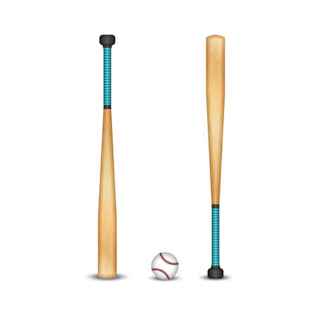 The wooden baseball bat and ball isolated on white, realistic 3D vector sports objects, a set of equipment for baseballのイラスト素材