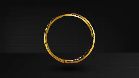 Golden round 3d frame with shadow in isometric interior made of gold brush strokes, blank poster or banner template for text or product presentation.のイラスト素材