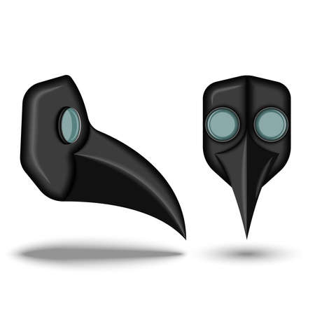 Realistic 3d plague doctor black mask bird-like beak front view and side view isolated on white background, halloween vector clipart.のイラスト素材