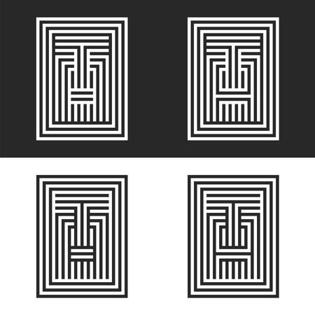 Set of logo design letters TA or AT hipster linear monogram rectangular shape, identity symbols lettering T and A calligraphic marks from thin parallel lines.のイラスト素材