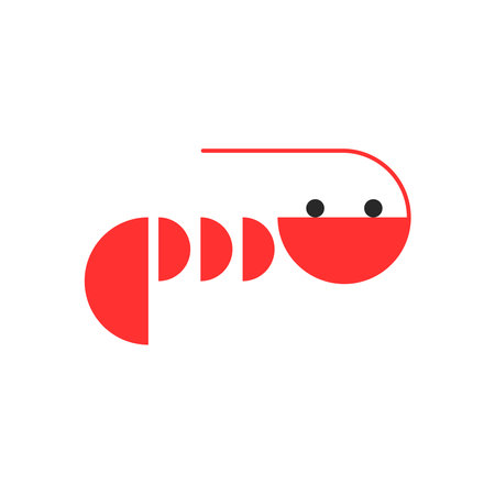 Shrimp logo or cartoon illustration in red color from semicircular geometric shapes minimal style, crustacean silhouette side view.のイラスト素材