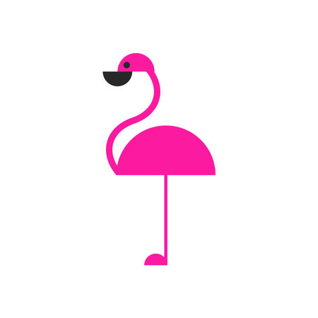 Pink flamingo bird logo of semicircular geometric shapes, minimal comic kawaii animal kids illustration, side full length view.のイラスト素材