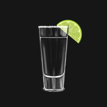 Shot glass of tequila with lime slice and salt isolated glass of drink on dark background, realistic illustration of mexican cocktail on black.の写真素材
