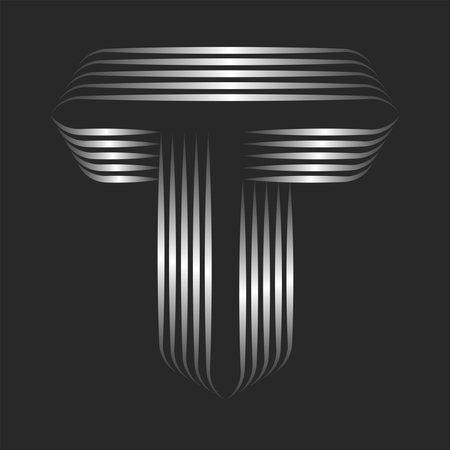 Monogram T initial letter logo silver gradient parallel thin lines art, metallic overlapping stripes, typography decoration calligraphic stripped shape.のイラスト素材