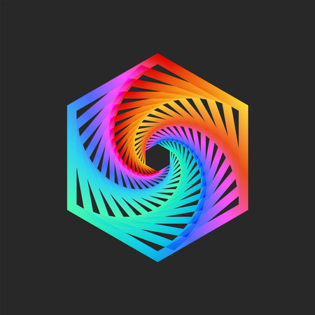 Hexagon logo bright spiral perspective pattern with twisting, mystic portal fractal geometric shape, hypnotic rainbow gradient.のイラスト素材