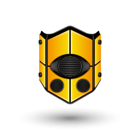 Yellow gas mask concept futuristic cyberpunk style front view, 3d realistic respirator with shadows isolated on white background, vector object sci-fi clipart.のイラスト素材