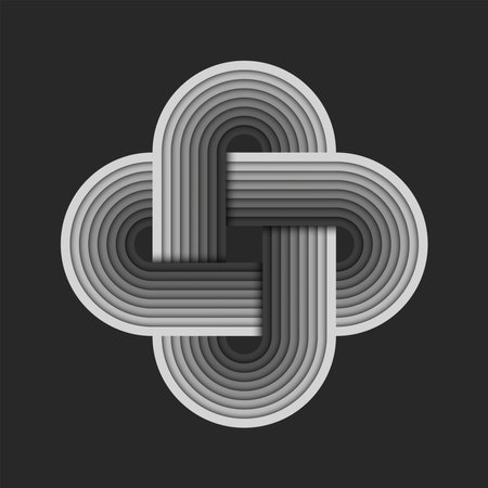 Cross rounded shape logo or plus sign made of gradient gray interlaced stripes with layered effect creative pattern symbol.のイラスト素材