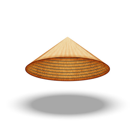 Asian conical hat isolated on white background front view, 3d realistic vector clipart, simple style of conically shaped sun hat.のイラスト素材