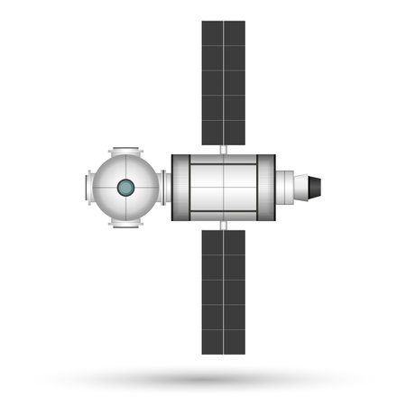 Orbital space station 3d vector realistic fictional spacecraft model futuristic concept mockup, artificial satellite with solar battery panels isolated on white background.のイラスト素材