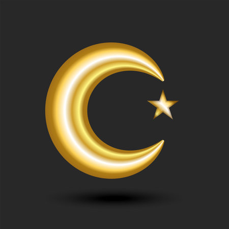 The golden star and crescent 3d clipart with shadows isolated on black background, is a iconographic symbol of Islam.のイラスト素材
