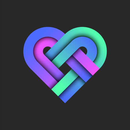 Heart shape logo from vibrant gradient, intersection rounded stripes with 3d layers effect with shadows, creative vivid weaving pattern symbol.のイラスト素材