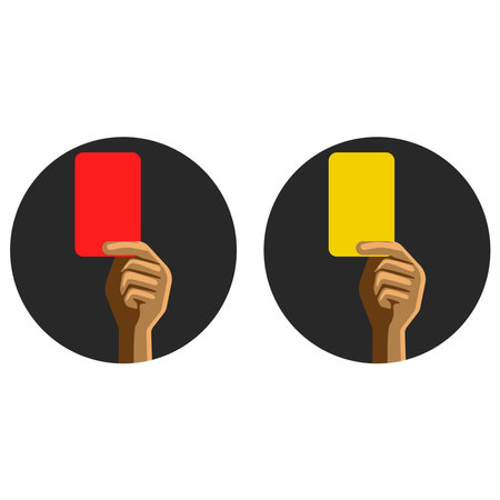 Yellow and red cards in the hand of a football referee sports vector illustration, two round soccer icons.のイラスト素材