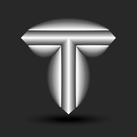 Letter T logo 3d monogram metallic construction with composite acute shape, silver color creative sharp forms identity, industrial style logotype tech design.のイラスト素材