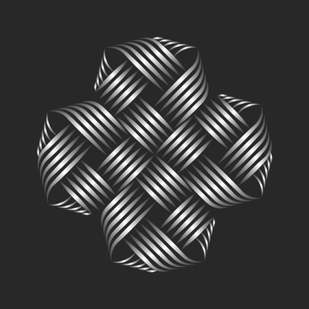 Intertwined weaving pattern Celtic cross shape logo for a jewelry store or workshop, overlapping thin parallel lines of silver threads.のイラスト素材