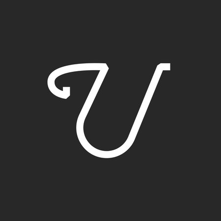 Calligraphic italic font letter U logo monogram creative artwork design, handwritten cursive artistic letter with smooth elegant white art line on black background.のイラスト素材