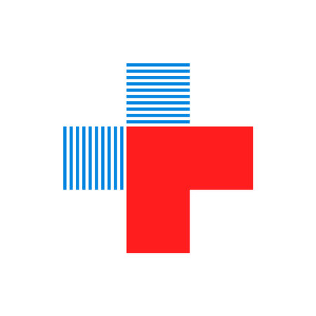 Composite cross medical logo red direction arrow and two blue squares from thin lines.のイラスト素材