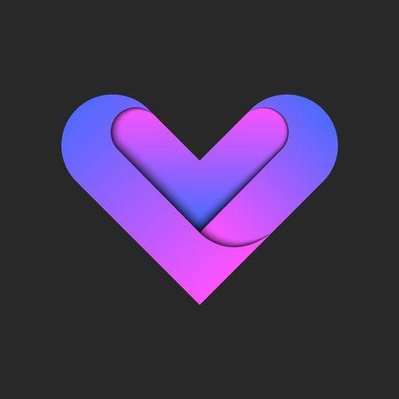 Heart shape on a black background, featuring purple and pink gradient stripes forming the abstract shape of a 3d heart, paper cut symbol of love.のイラスト素材