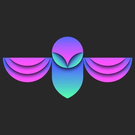 Abstract owl bird , paper cut design. Artificial bird with wings spread front view minimal geometric shape, concept knowledge symbol with overlapping areas, layers, bright gradient, and shadows.のイラスト素材