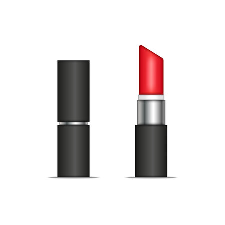 A tube of red lipstick black color plastic isolated on white background, blank cosmetic accessory realistic vector 3d mockup, set of open and close packing tubes makeup product.のイラスト素材