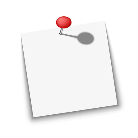 Blank white note paper mockup pinned with a metallic red pushpin, realistic vector illustration isolated white background. Perfect for reminders, memos, stories, and ad post communication templates.のイラスト素材