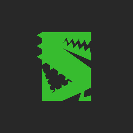 Dinosaur or crocodile logo green minimalist cartoon style, simple geometric forms vector design,...