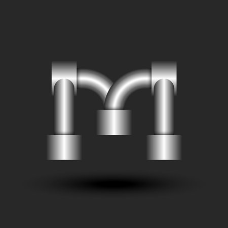 Futuristic metallic letter M logo with industrial pipes design, chrome silver texture and 3d geometric elements, perfect for high-tech branding, machinery-themed visuals, engineering-related projects.のイラスト素材
