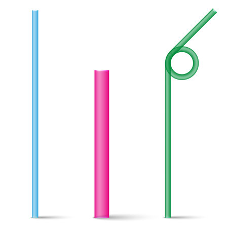 Three colorful plastic drinking straws isolated on white background, pink, green, and blue straight and bendable straws for cocktails and beverages, realistic 3d vector illustration.のイラスト素材