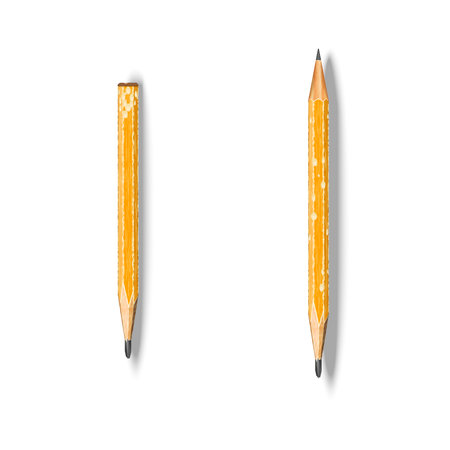 Pencils with sharpened tips and traces of use, including chips, scratches, and bite marks, two worn yellow pencils isolated on white realistic 3d vector illustration.のイラスト素材