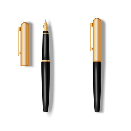 Elegant black and gold fountain pen in closed and open positions isolated on white realistic vector illustration. Classic retro writing tools, premium stationery.のイラスト素材