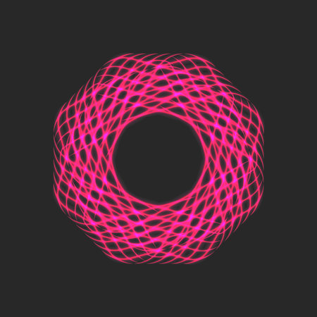 Vibrant pink circular neon swirl pattern logo with intricate web-like structure. Abstract digital design representing energy, movement, and futuristic light art visual creativity.のイラスト素材
