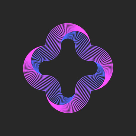 Abstract geometric cross logo pattern with vibrant pink and blue wavy thin lines forming a geometric floral-inspired smooth shape, dynamic gradient hues on dark background.のイラスト素材
