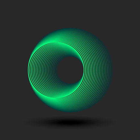 Green futuristic sphere logo with hole circular design with bright gradient lines pattern, creating an optical illusion of depth and motion, symbolizing creativity, and modern minimal style artwork.のイラスト素材