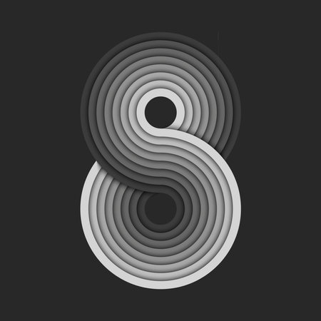 Abstract grayscale number eight logo with concentric circular lines forming an infinity loops shape, gray gradient shading, and minimal monochrome design on a dark background.のイラスト素材
