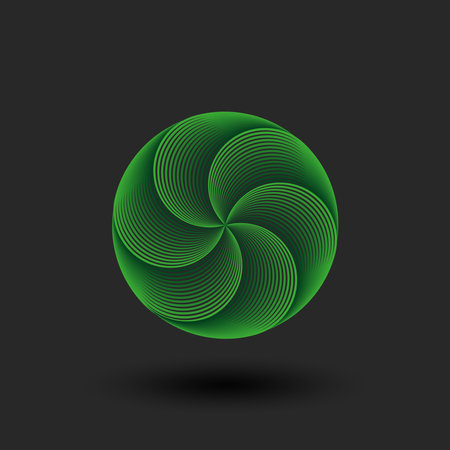 Abstract green circular geometric logo design featuring a spherical illusion of swirling layered lines, symbolizing harmony, balance, and modern creativity with a futuristic minimalistic aesthetic.のイラスト素材
