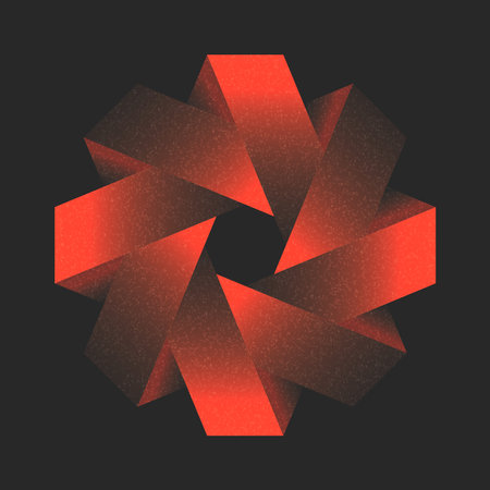Abstract luminous orange geometric impossible object 3d design with noise textured, overlapping folded blocks shapes on a dark background for futuristic digital art.のイラスト素材